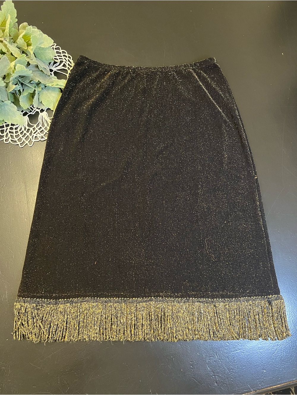 Kiwi Kiss Black Metallic Gold Vintage 90s Y2k Fringe Hem Midi Skirt L USA Made